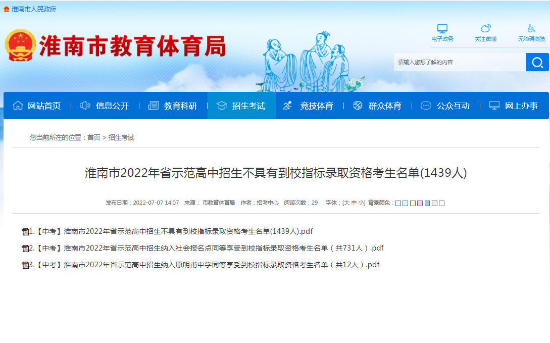 淮南市2022年省示范高中招生不具有到校指標(biāo)錄取資格考生名單(1439人)