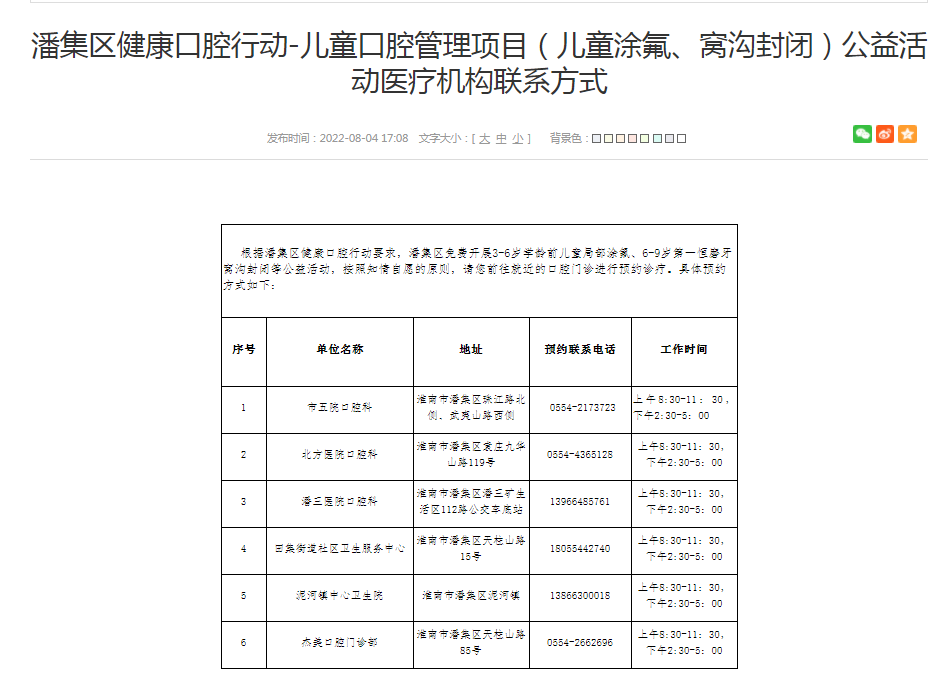 淮南潘集區(qū)健康口腔行動(dòng)-兒童口腔管理項(xiàng)目（兒童涂氟、窩溝封閉）公益活動(dòng)醫(yī)療機(jī)構(gòu)聯(lián)系方式