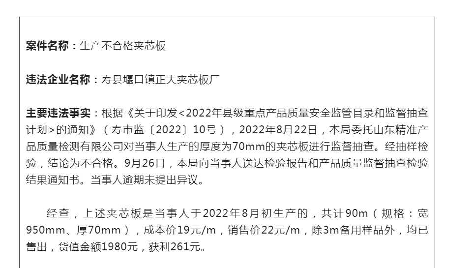 淮南壽縣堰口正大夾芯板廠因生產(chǎn)不合格夾芯板被罰2000元！